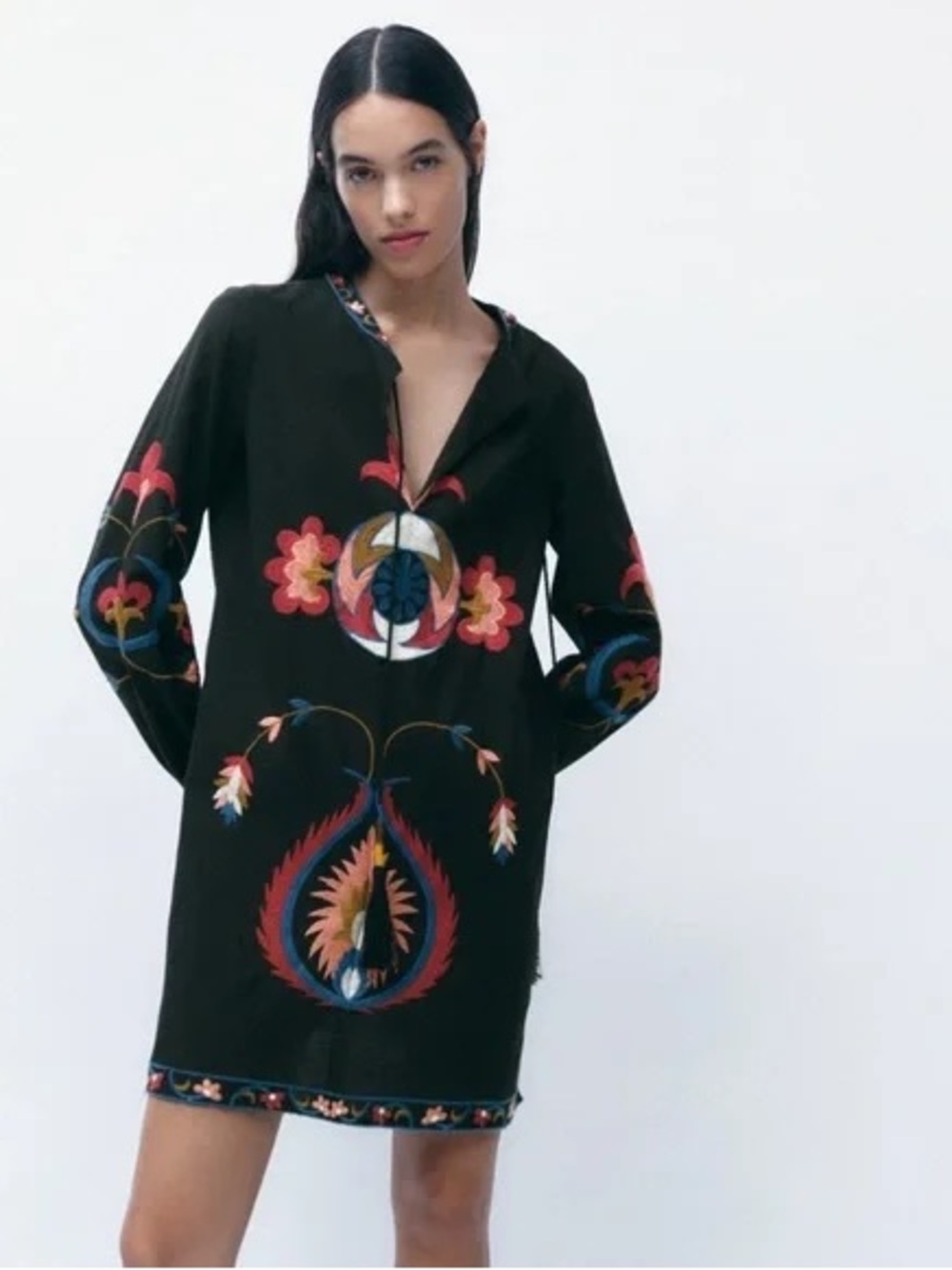 Zara Black Embroidered V-Neck Shift Dress